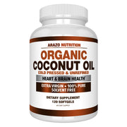Arazo Nutrition Organic Coconut Oil 2000mg softgel capsules in a bottle for convenient daily use.