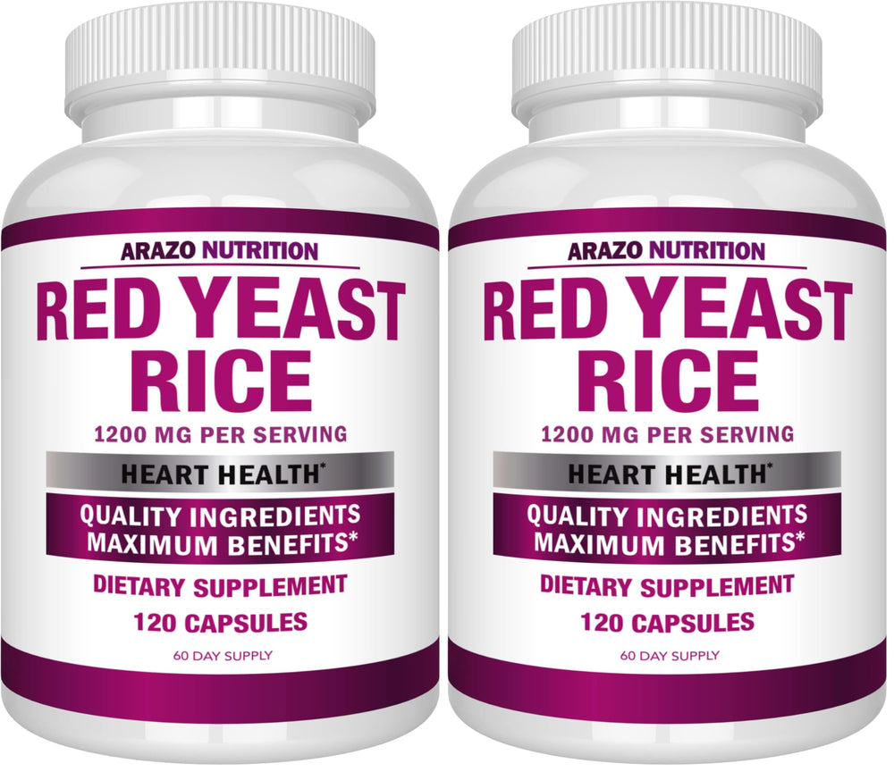 Arazo Nutrition Red Yeast Rice Extract bottle showing 1200 mg potency for daily use.