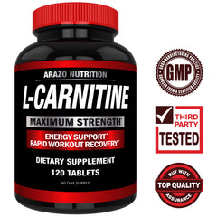 Close-up of Arazo Nutrition L-Carnitine bottle cap highlighting calcium-enhanced formula benefits.