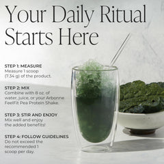 Close-up of blue-green algae blend in BeWell greens powder highlighting phytonutrient-rich blend.