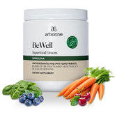 Arbonne BeWell Greens powder bottle for a convenient daily greens boost.