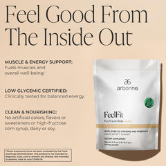 Arbonne Feelfit vanilla scoop indicating convenient serving for balanced nutrition.