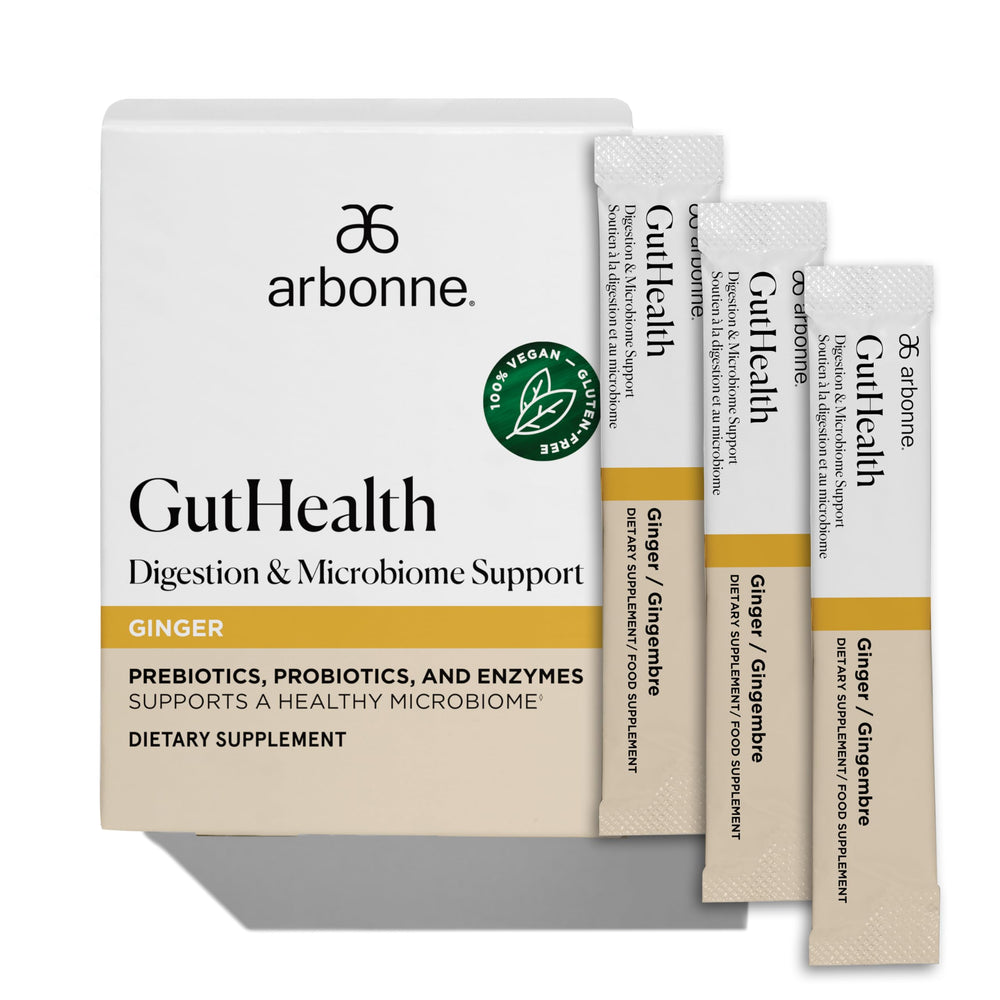 Arbonne Gut Health drink mix pack ready to dissolve for daily digestion support.