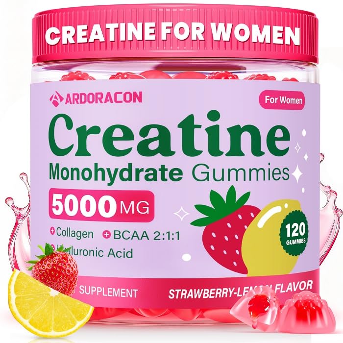 ARDORACON creatine for women bottle with strawberry lemon gummies for on-the-go workouts.