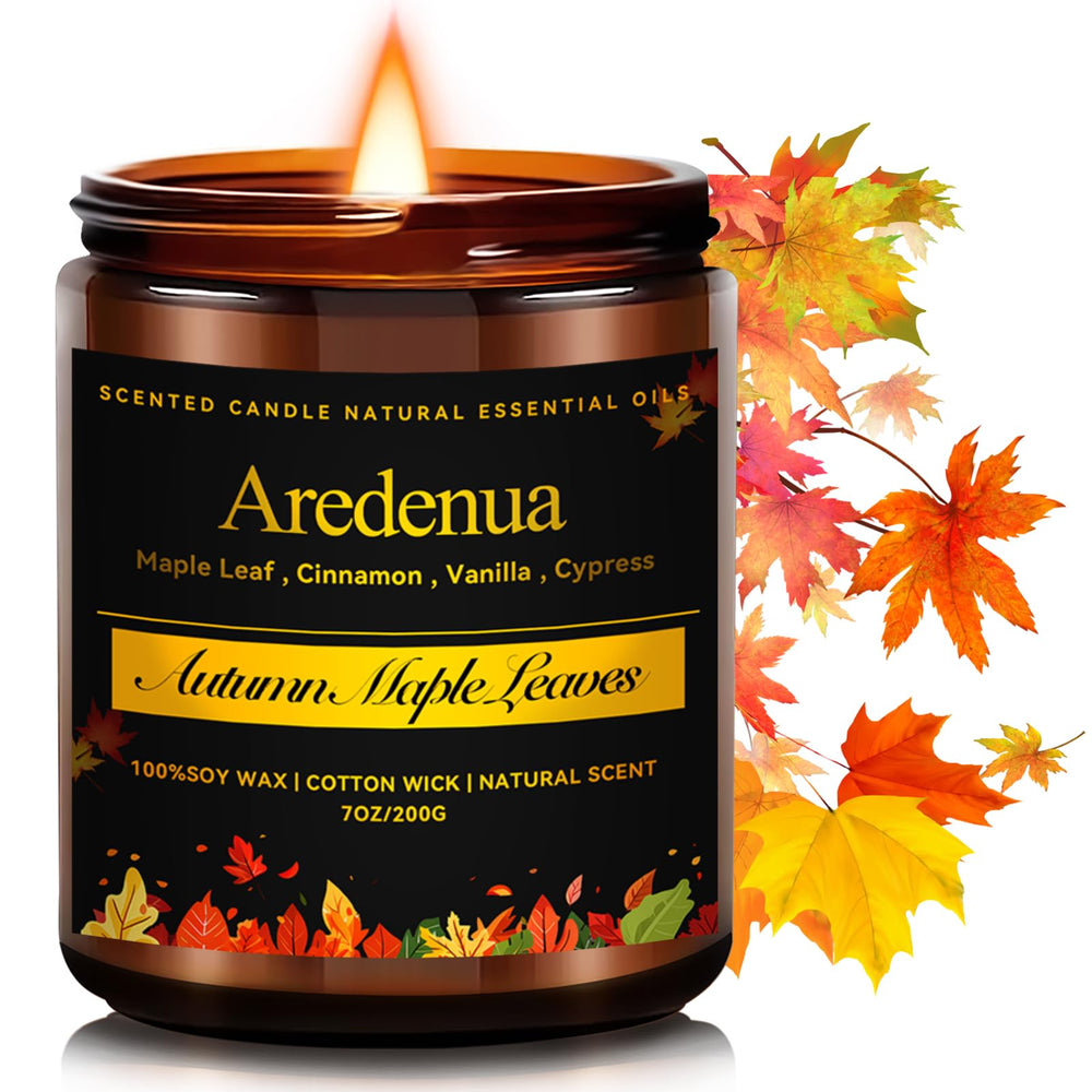 Aredenua Autumn Leaves Candle in amber jar creates cozy autumn ambience and long-lasting aroma.