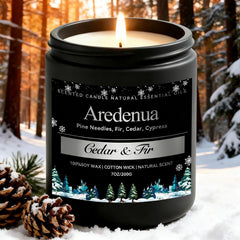 Aredenua Cedar and Fir candle in a 7oz jar with forest fragrance for cozy evenings.