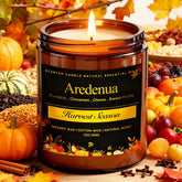 Aredenua Harvest Season Candle in amber glass jar creates warm holiday ambience for living rooms.