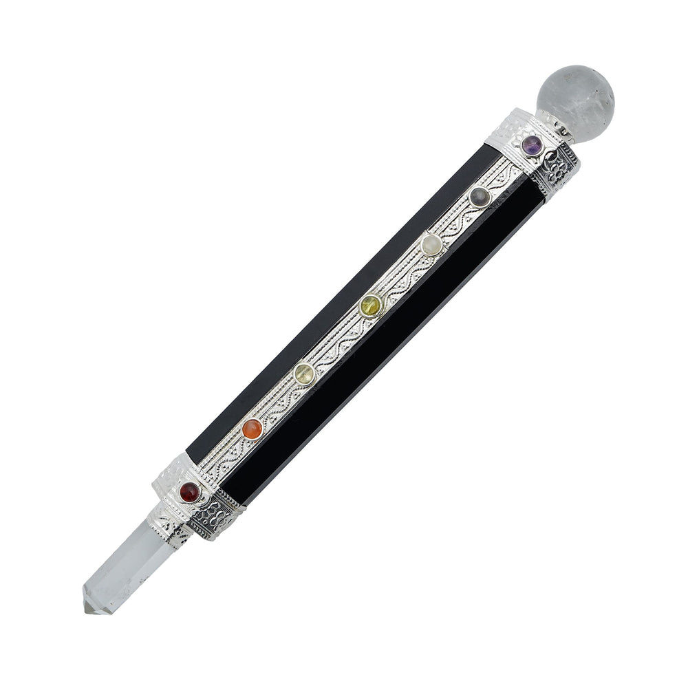 ARHAM CRYSTAL Black Agate Tourmaline 7 Chakra Wand displayed for grounding meditation