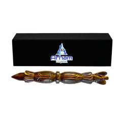ARHAM CRYSTAL Tiger Eye wand close-up showing hand-carved details for focus.