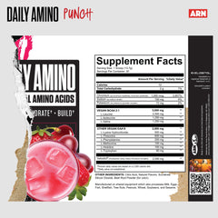 Arms Race ARN Daily Amino tub label highlights vegan BCAA and EAA content.