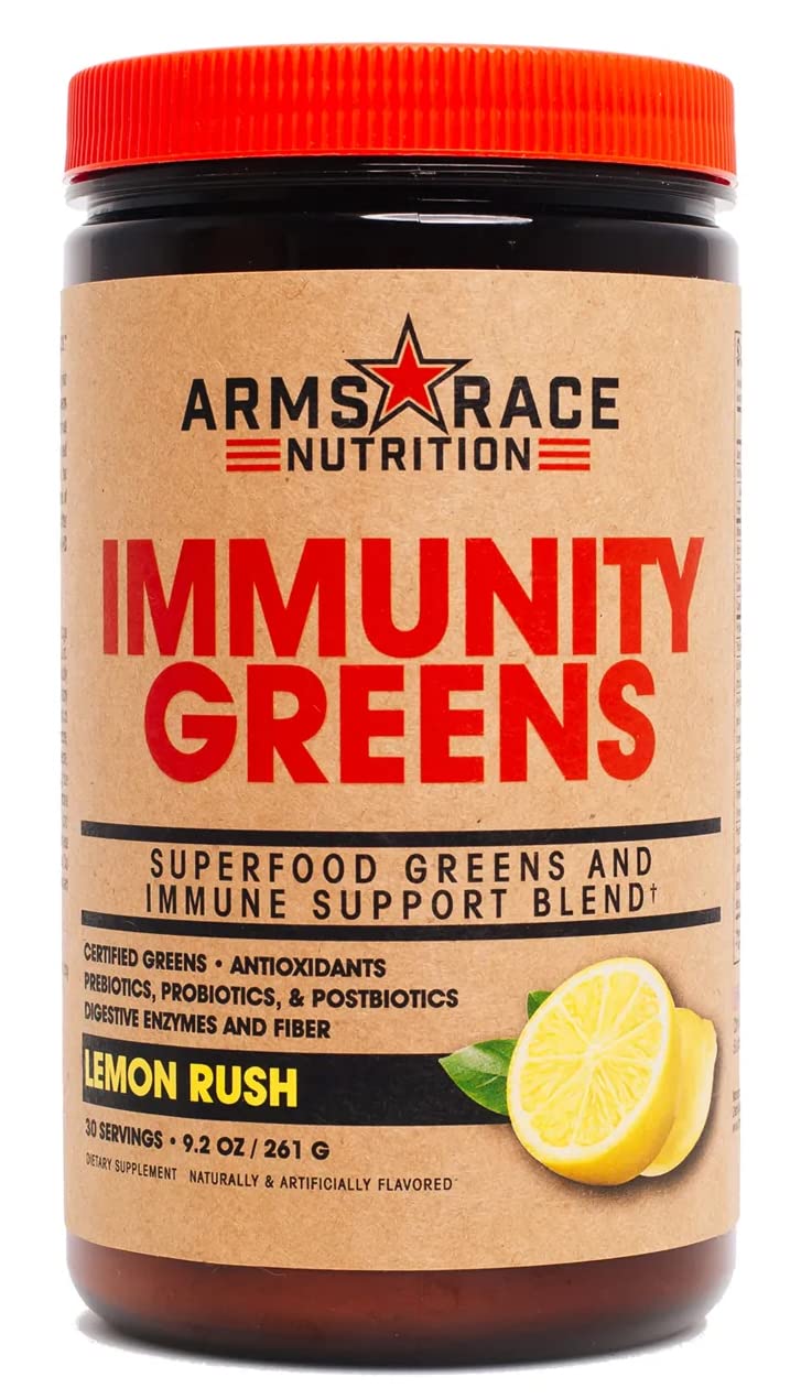 Arms Race Nutrition Immunity Greens Lemon Rush bottle emphasizing immune support