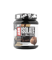 Arms Race ARN Isolate bottle shows high-protein, low-carb formula.