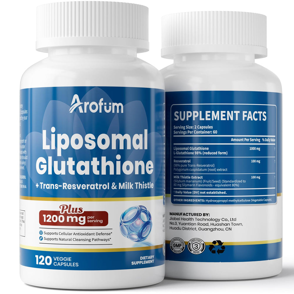 Arofum liposomal glutathione 1000mg bottle on white surface, highlighting premium antioxidant support.