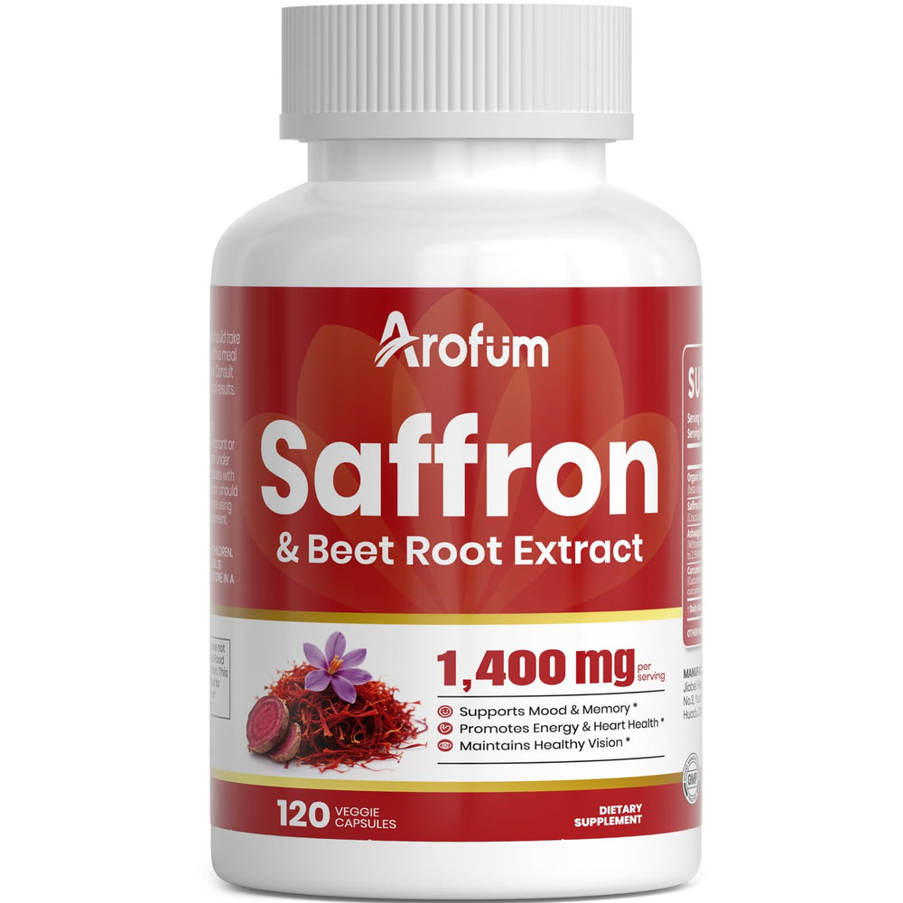 Arofum saffron extract bottle front; supports daily mood and focus.