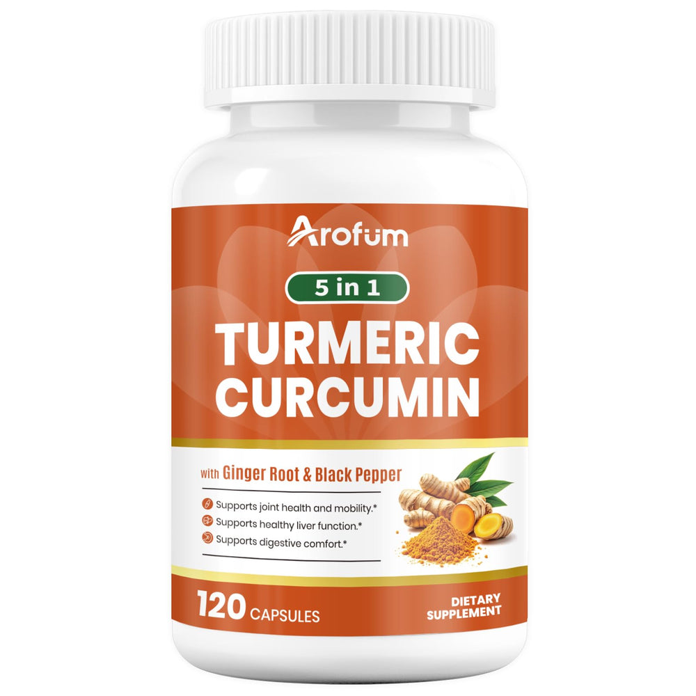 Arofum turmeric supplement bottle for convenient daily capsules.