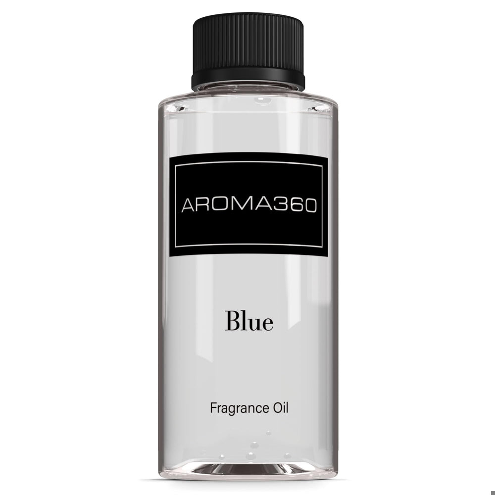 Aroma360 Blue Diffuser Oil Blend bottle close-up enhances living room ambiance.