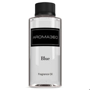 Aroma360 Blue Diffuser Oil Blend bottle close-up enhances living room ambiance.