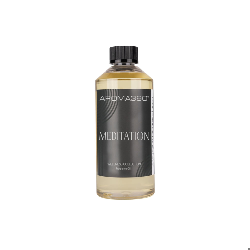 Aroma360 Meditation Fragrance Oil Blend 500ml bottle for calm, inviting diffusers.
