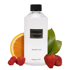 Aroma360 Paradise Lost bottle cap close-up highlighting luxurious citrus and berry notes for living room ambience