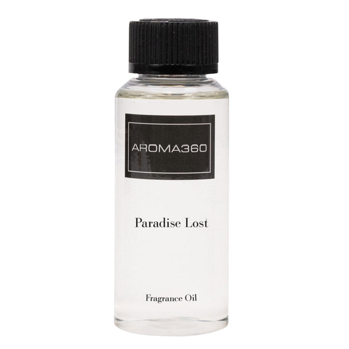 Aroma360 Paradise Lost bottle closeup highlighting vibrant orange-berry notes for a refreshed room.