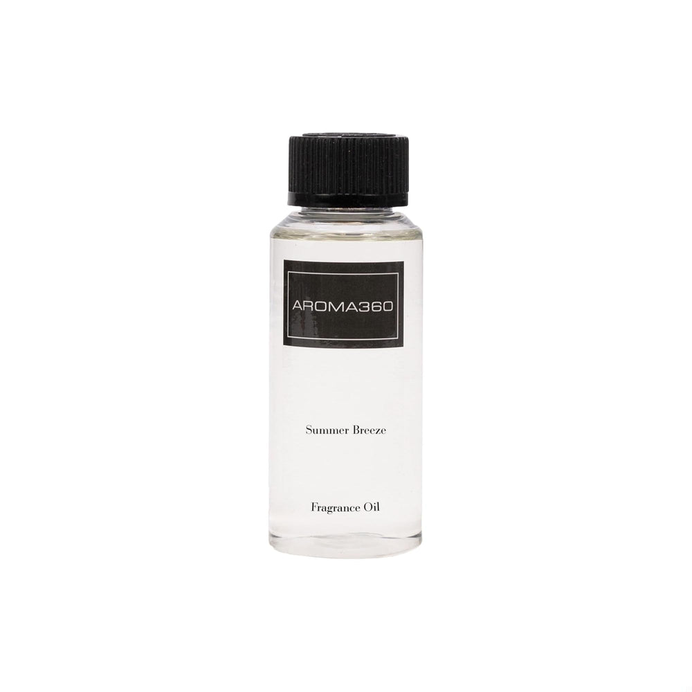 Aroma360 Summer Breeze bottle releasing luxurious fragrance in a living room.