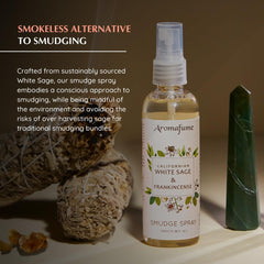 Aromafume bottle label detail shows ethical packaging and clean ingredients for mindful cleansing.