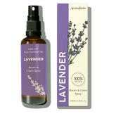 Aromafume Lavender Room Spray bottle releases a calming scent for bedding