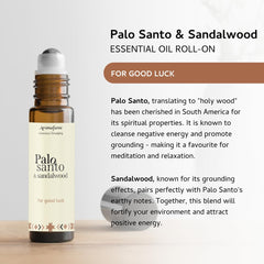 Aromafume Palo Santo & Sandalwood roll-on application at pulse points for calm focus.