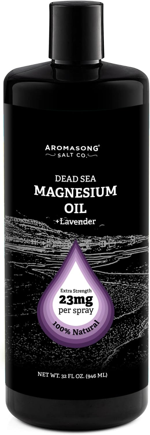Aromasong Magnesium Spray Lavender bottle pouring for quick relief and calm