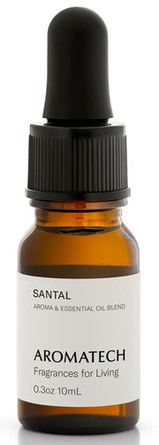 AromaTech Santal bottle closeup highlighting amber and sandalwood for a cozy space.