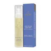Aromatherapy Associates Deep Relax Sleep Mist bottle on nightstand promotes calm evenings.