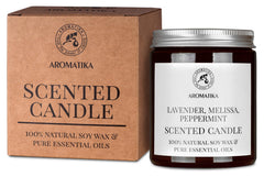 AROMATIKA lavender scented candle in glass jar for relaxing ambiance.