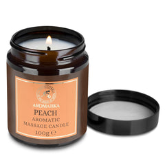 AROMATIKA Peach massage candle body oil delivers moisturizing coconut and almond oils.