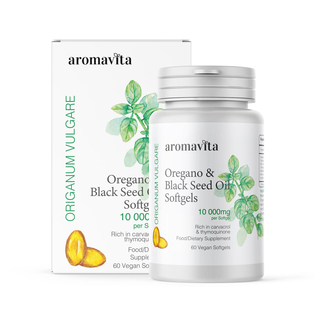 AROMAVITA oregano and black seed oil softgels bottle emphasizing organic formulation for daily wellness.