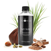 AROMELY My Way diffuser oil bottle close-up, enhancing spaces with hotel-inspired luxury.