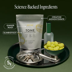 Arrae Tone Gummies label close-up emphasizes vegan and non-GMO ingredients