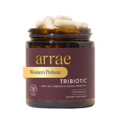 Arrae Tribiotic bottle close-up for convenient daily support of gut and feminine health.