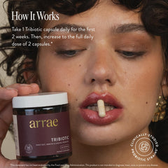 Arrae Tribiotic ingredients close-up featuring prebiotics and postbiotics supporting the microbiome.