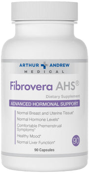 Fibrovera bottle by Arthur Andrew Medical showing hormone support capsules.