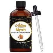 Artizen Myrrh Essential Oil 4oz bottle with dropper for precise aromatherapy dosing.