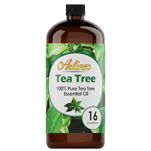 Artizen Pure Tea Tree Oil bottle closeup in amber glass, ideal for diffusers and skincare.