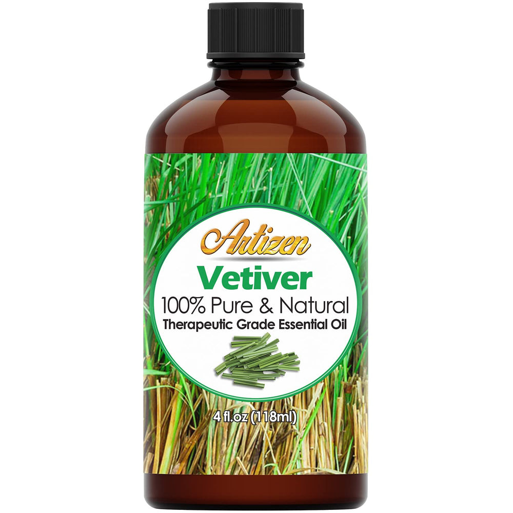 Artizen Vetiver Oil 4oz bottle for pure aromatherapy use and calm ambiance.