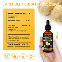 Close-up of artoalabs Lions Mane Drops label highlighting natural ingredients and purity.