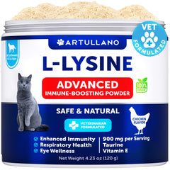 Artullano L-Lysine powder cat bottle for immune support.