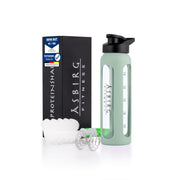 Asbirg Fitness 24 oz glass shaker body shows durable borosilicate glass with a non-slip grip.