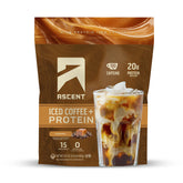 Ascent caramel iced coffee protein powder tub showing a protein-packed energy boost.