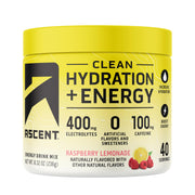 Ascent Clean Hydration + Energy powder tub with label, ready for daily use.