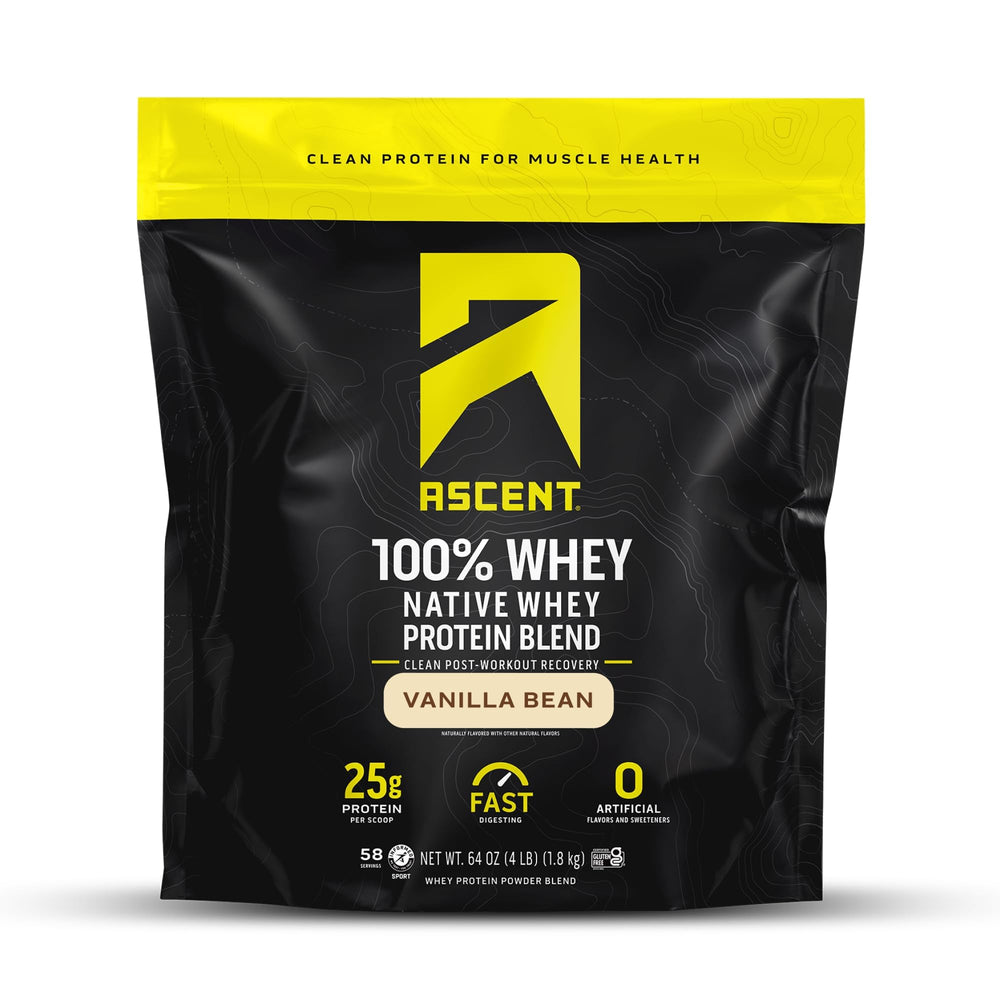 Ascent 100% Whey Vanilla Bean container, highlighting pure protein for post-workout recovery