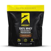 Ascent 100% Whey Chocolate packaging front for post-workout fueling