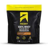 Ascent 100% whey protein tub front view with chocolate peanut butter flavor, post-workout refreshment